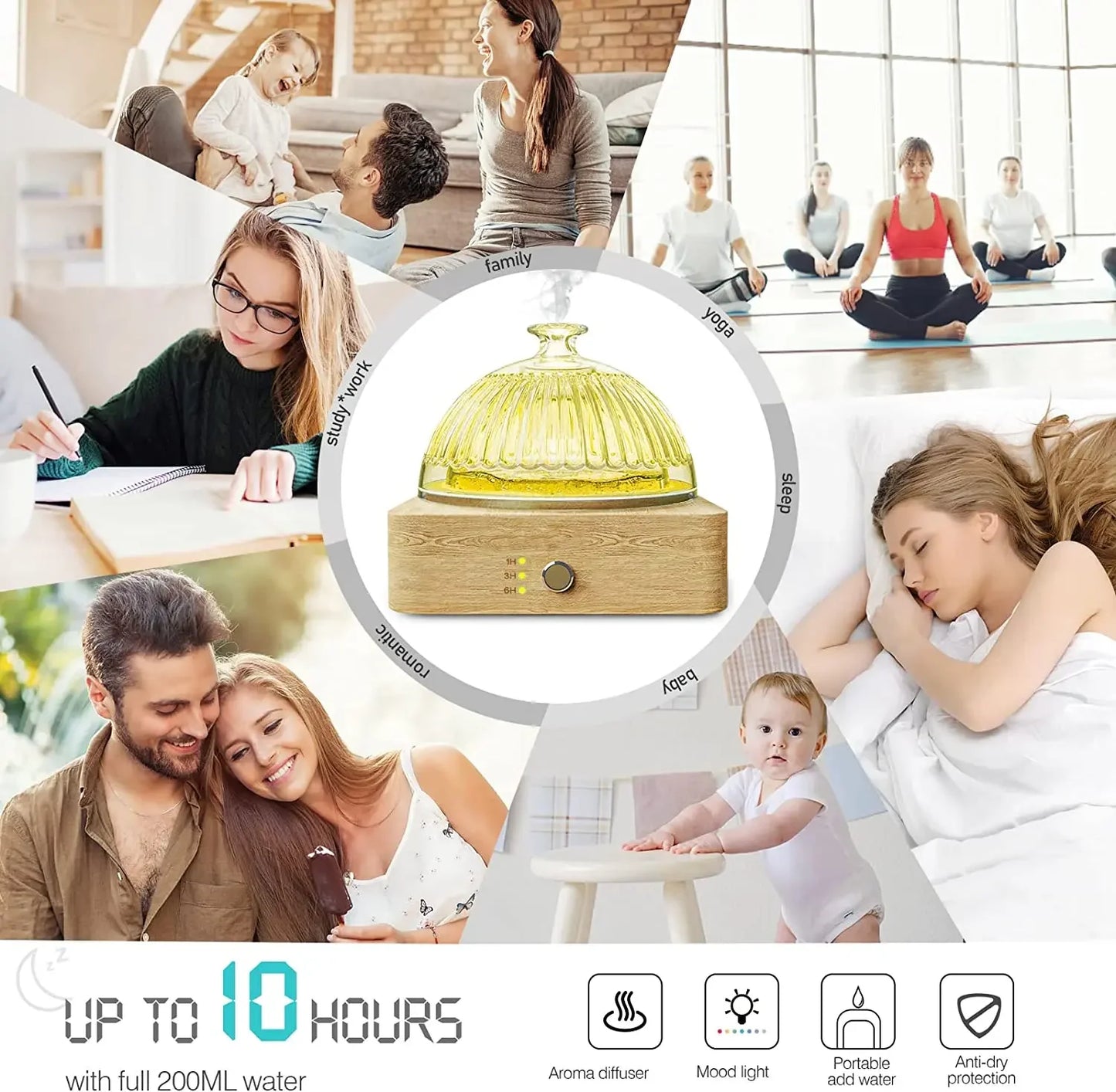 Glass Essential Oil Diffuser Wood Base Glass 200Ml Ultrasonic Aroma Diffusers with Timer Waterless Auto off for Home Office